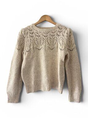 NWT J.Crew Pointelle Puff Sleeve Wool Blend Sweater Oatmeal, Small